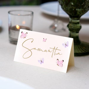 Soft Pink Purple Gold Butterfly watercolor Editable Place Card Template, 3.5x2" Folded, Simple Handwritten script font , DIY Printable  card
