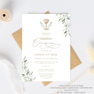 Invitacion a la PRIMERA COMUNION, Primera comunion Invitation In Spanish, Invitaciones comunion, Holy Communion, Religious Invitation