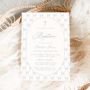 Blue Baptism Invitation Girl, Girl Christening Invitation Template, Blue Christening Invite Template, Blue Bow Baptism Invite, Baptism evite