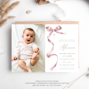 Pink Baptism Invitation Girl, Girl Christening Invitation Template, Pink Christening Invite Template, Pink Bow Baptism Invite, Baptism evite