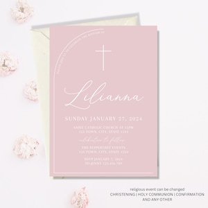 Pink Baptism Invitation Girl, Christening Invitation, Arch Baptism Invite Printable, Pink Christening Invitation, Holy Communion