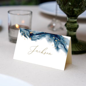 Place Cards Template, Dusty Blue Place Cards, Editable Place Cards Name, Baptism Place card blue folded, Wedding placecards Dusty Blue card