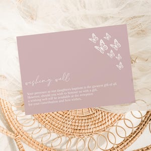 Baptism enclosure Card, Pink wishing well baptism Card, Christening enclosure card, Response Card, Butterfly Pink Christening insert