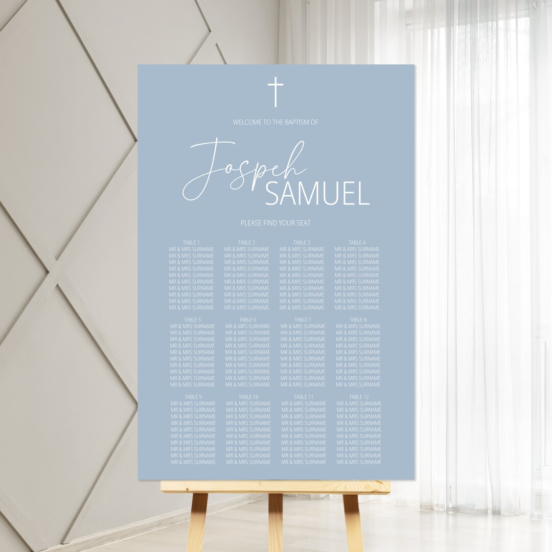 Dusty Blue Baptism Seating Plan Template, Printable Modern Christening ...