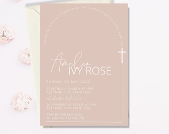 Baptism Invitation Girl, Christening Invitation, Dusty Pink Modern Invitation, Pink Christening Invitation, Holy Communion Printable