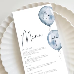 Baptism menu Balloon Menu Template add Guest Names, Modern baptism blue balloon menu,  Christening menu, first birthday baptism
