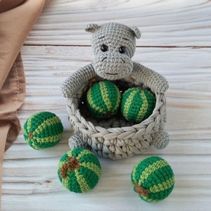 Crochet hippo basket with watermelons, Baby room decoration, Kids room decor, Cute home decor, First birthday gift, Small storage basket
