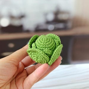 Könnte beinhalten: Ein handgehäkelter Kohlkopf in Grüntönen. Das Miniaturgemüse wird in einer Hand gehalten, was die detaillierten Nähte und die realistische Form zeigt. Der Kohlkopf hat eine eng gewickelte Mitte und strukturierte Blätter.