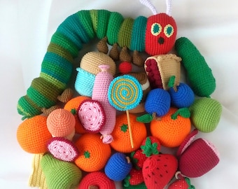 Crochet caterpillar, Original character, Caterpillar plush, Crochet play food, Fake food, Pretend play food, Crochet storybook