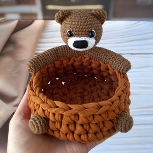 Bear crochet basket, Living room decor, Unique home decor, Kids room decor, Girl nursery, Cute basket, Woodland animals, Baby basket