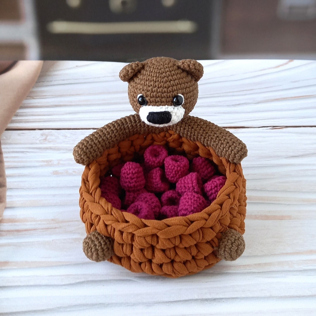 Crochet Bear Basket With Raspberries, Kids Storage Toy, Nursery Decor ...