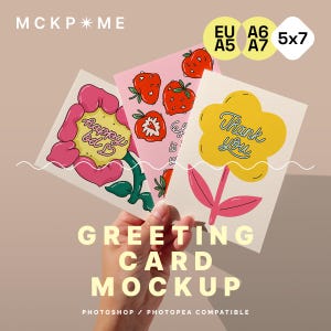 DIN A6 Three greeting cards mockup, three postcards mockup, hand and postcards mockup, poster mockup, hand holds postcards, gift card mockup
