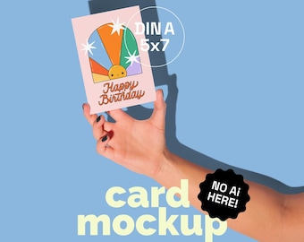 A6 One greeting card in a hand mockup, hand holds postcard mockup, DIN A postcard mockup, small art print mockup, psd postcard mockup