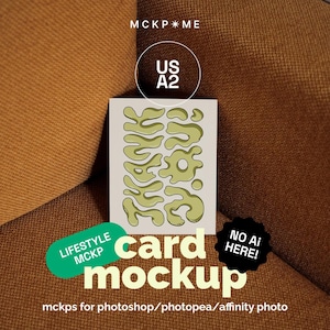 May include: A rectangular card mockup featuring the text US A2 at the top and the words THANK YOU in a wavy, light green font. The card is displayed with the text LIFESTYLE MCKP, NO AI HERE, and card mockup mckps for photoshop/photopea/affinity photo.