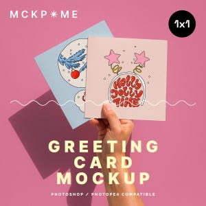 Mockup di biglietti d'auguri quadrati 1x1, modello di cartoline in mano, mockup di cartoline estetiche, mockup di cartoline tenute in mano, mockup di cartoline psd