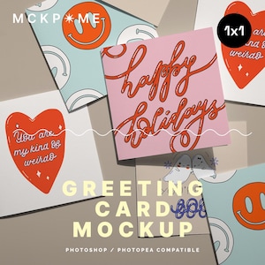 Mockup di biglietti d'auguri quadrati 1x1, mockup di biglietti Instagram, mockup di biglietti estetici, mockup di cartoline, mockup per negozi di biglietti, mockup di biglietti psd