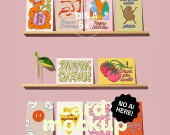 A5/A6/B6/5x7 Greeting cards on shelves mockup, postcard display mockup, mockups for postcards, 5x7 card mockup, psd greeting card template