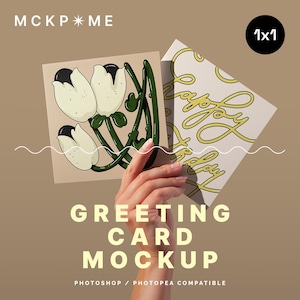 Square 1x1 greeting card duo mockup, hand holds postcards mockup, two square artworks mockup, art print mockup, single postcard mockup