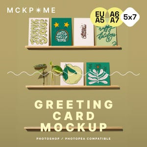 A5/A6/B6/5x7 + 1x1 SQUARE Mixed ratio greeting cards on a shelf mockup, postcard display mockup, mixed postcards mockup, postcard mockup