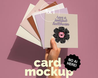 1x1 Square greeting cards in hand mockup, hand holding many square cards, card mockup for instagram, mockups for card shop, clean mockup