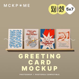 A5/A6/B6/5x7 vier Grußkarten im Regal Mockup, Karten-Display-Mockups, Mockups für Kartenshop, Kartenvorlagen, saubere PSD-Kartenmodelle