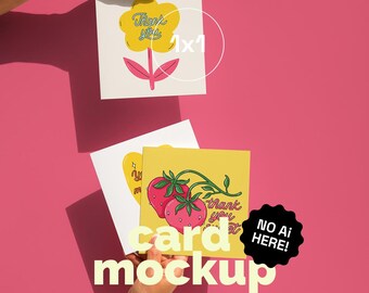 1x1 Square greeting card in hand mockup, hand holding square card mockup, postcard mockup, mockups for postcards, clean greeting card mockup