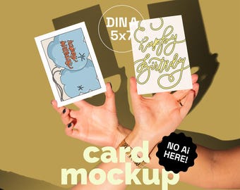 A6 Two greeting cards in hands trendy mockup, DIN A postcard mockup, mini print mockup, art print mockup, psd postcard mockup