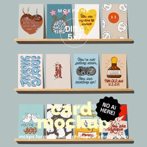 A5/A6/B6/5x7 Many greeting cards on shelves mockup, postcard display mockups, mockups for card shop, postcard template, poster mockup
