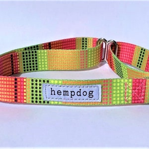 Puede incluir: Un collar para perro de color verde, rosa y naranja con herrajes plateados. El collar tiene una etiqueta blanca que dice "hempdog".