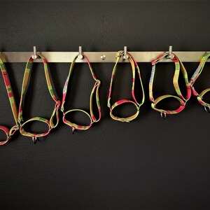Puede incluir: Seis collares para perros coloridos cuelgan de ganchos en un estante de metal contra una pared negra. Los collares est&aacute;n hechos de tela tejida con rayas verdes, rojas y amarillas.
