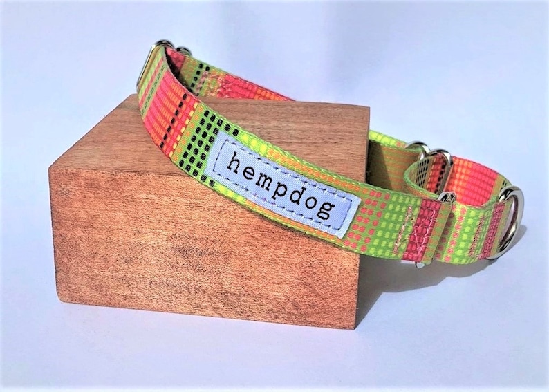 Puede incluir: Un collar para perro con estampado verde, naranja y rosa con hebilla plateada. El collar tiene una etiqueta blanca con el texto "hempdog" en ella.