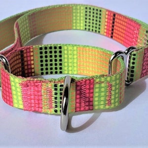 Puede incluir: Un collar de perro con estampado verde, rosa y amarillo con herrajes de metal plateado.