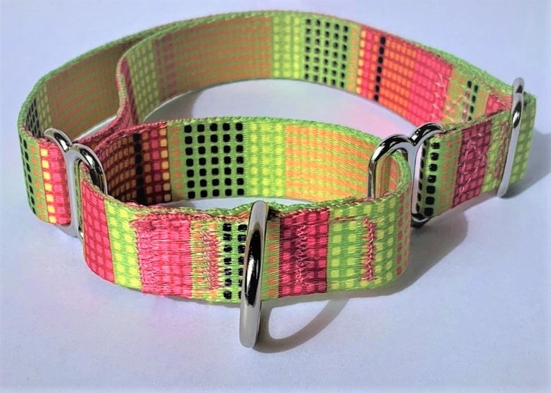 Puede incluir: Un collar de perro con estampado verde, rosa y amarillo con herrajes de metal plateado.