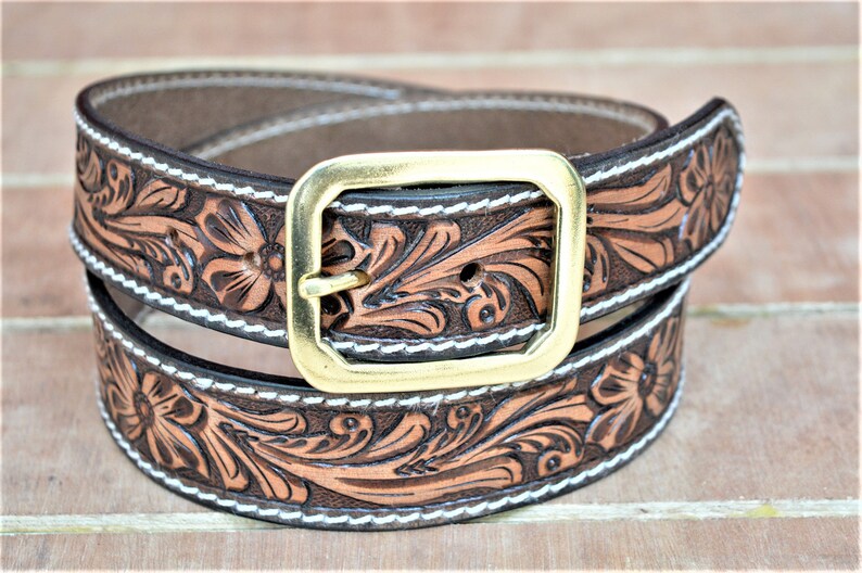 Personalized Flowers Tooled Leather Belt Western belt
