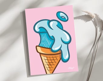 May include: A blue wave shaped like ice cream melting in a waffle cone on a pink background.