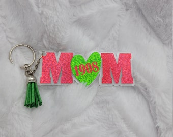 Pink Green 1908 Mom Heart Keychain AKA Inspired