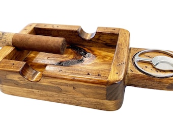 Handcrafted White Pine Cigar Ashtray with Stainless Cutter