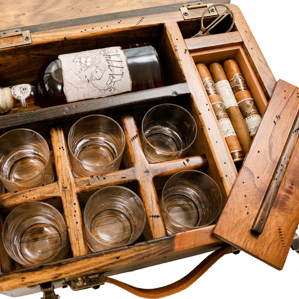 Reclaimed White Pine Campaign Box Humidor, Rocks Glasses, Cigar Cutter
