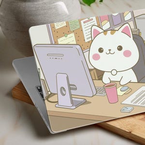 MacBook Case "Work Cat", Kawaii protective case with cute office cat for MacBook Air/Pro 13, 14, 15, 16 inches. DL0102