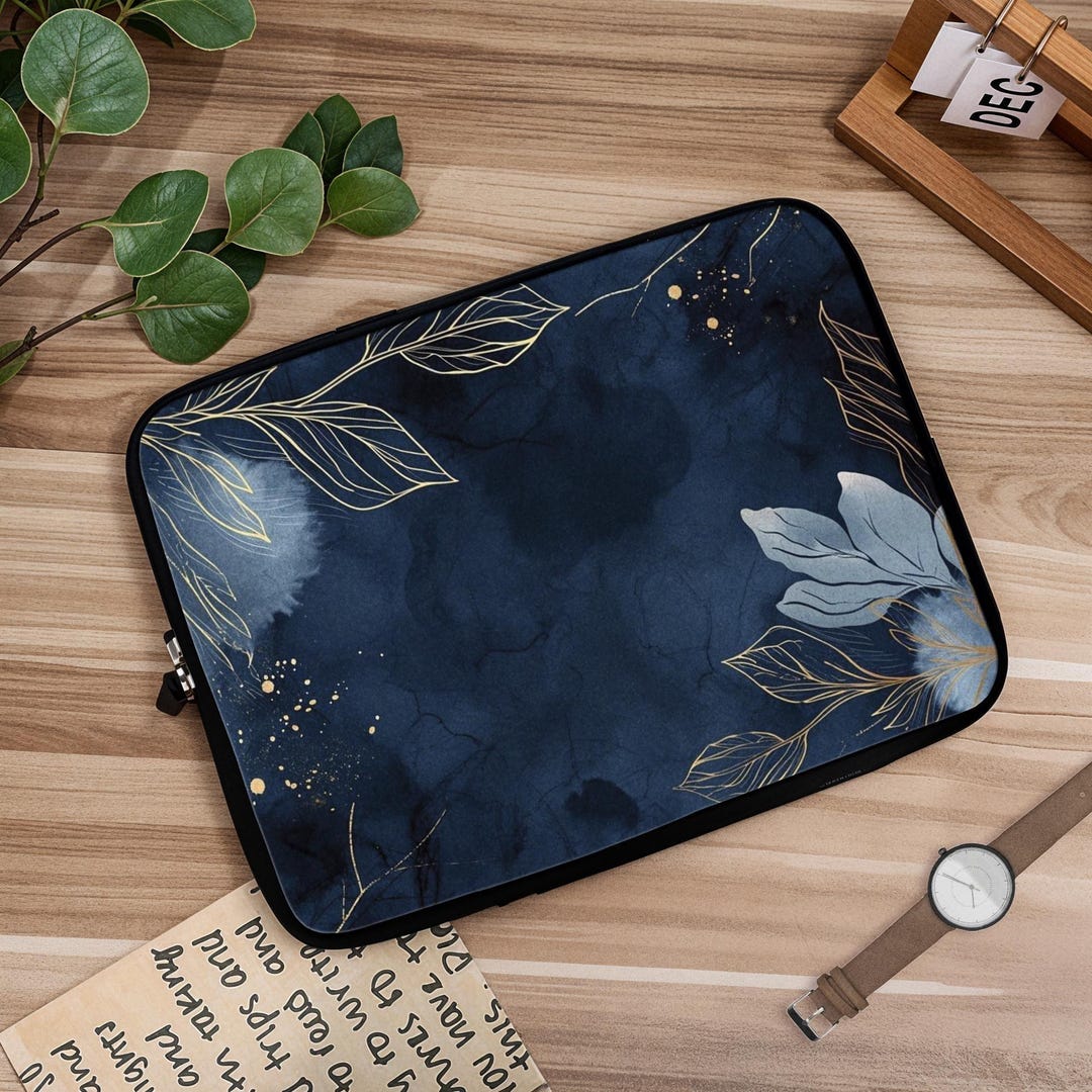 Elegant Laptop Case 10-15 Inch, Dark Blue Gold Leaf Case, Stylish ...