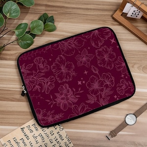 Élégante sacoche pour ordinateur portable bordeaux à imprimé floral, design vintage pour ordinateur portable, étui de protection pour MacBook 12/13/15/16 pouces, ordinateur portable élégant. DL0036