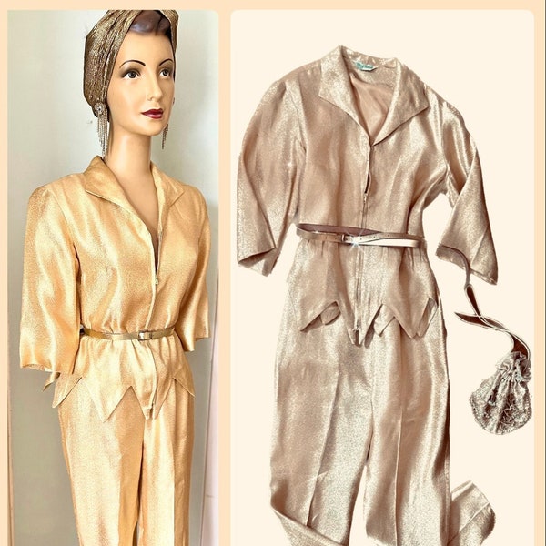 Gold lurex late 50s capri pants & jacket blouse suit