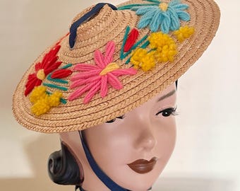 French wicker riviera small saucer hat with embroidery.