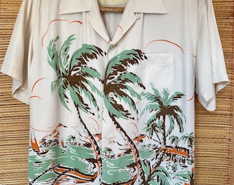 Vintage Rayon Hawaiian Shirt: Flat Head Co. Sun Surf Print, Made in Japan