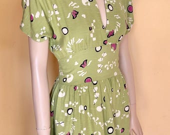 1950s green silk linen novelty dress.