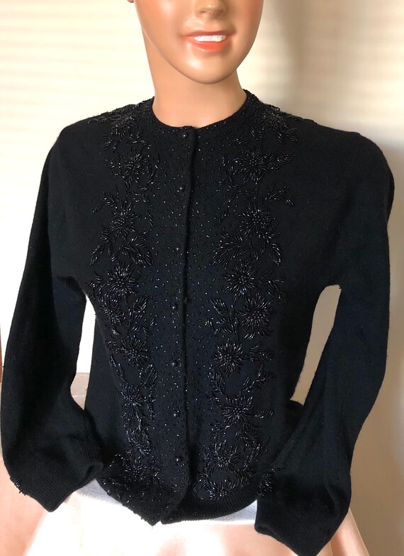 Beautiful 50s true vintage black wool beaded cardi