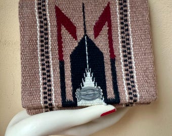 1940s La Azteca handwoven Chimayo clutch, slip-over belt purse.