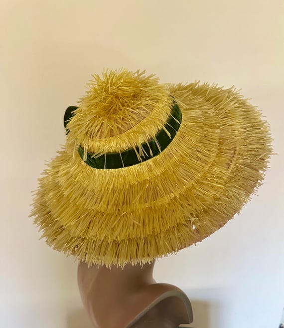 Vintage 1950s Straw Sun Hat with Raffia Details - Rare Mid-Century MCM Vintage Italy Straw Raffia Boater Hat, 1940s-50s Hat  main image 2