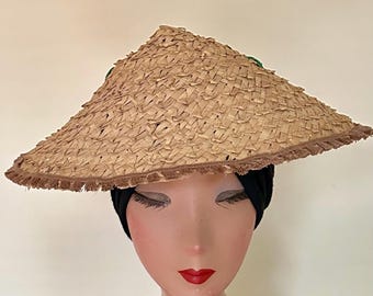 Vintage Asian Woven Traditional Straw Hat Rice Paddy Coolie  display picture 3
