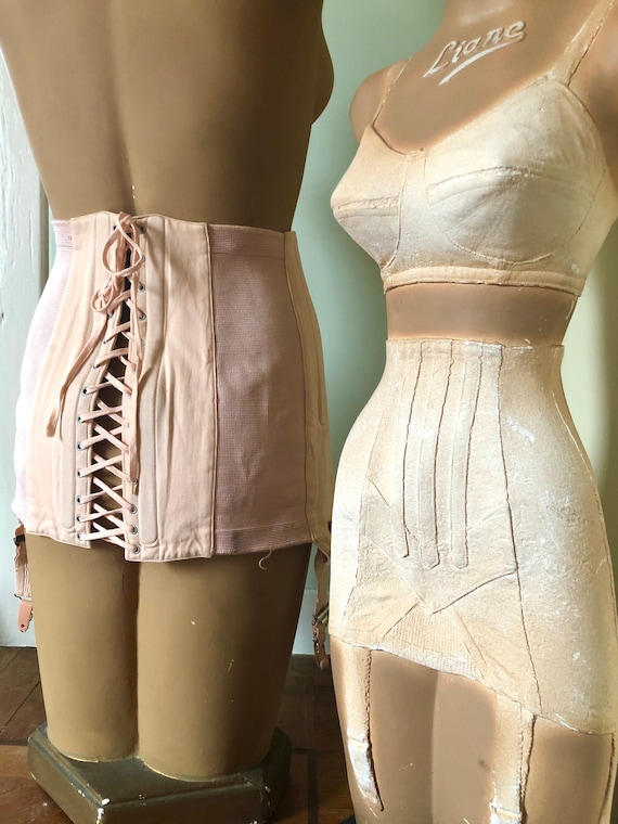 40s French soft pink lace up girdle corset